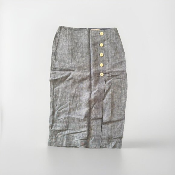 Ann Taylor LOFT 100% Linen Skirt Sky Chambray Blue Button Midi Straight Split - Picture 2 of 7